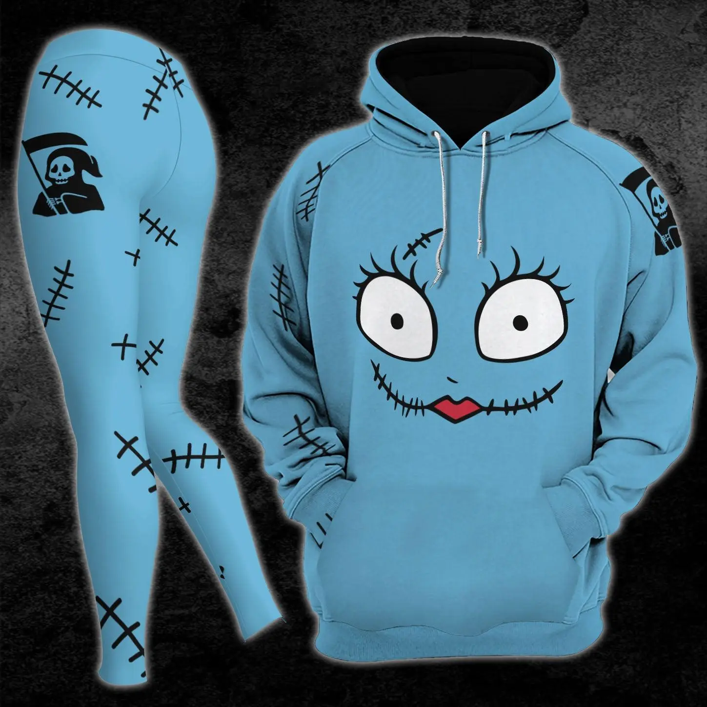Blue Gothic Hoodie and Leggings Set, Spooky Doll Face Graphic Outfit, Halloween Hooded Sweatshirt, Creepy Cute Alternative Fashion, Cozy Fall Winter Gift