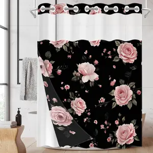 1pc hookless shower curtain with buckle lining, spring pink and black rose design, 2D flat printing, fabric waterproof lining, see-through double-layer shower curtain, 71 x 74 inches, modern home draping curtain, Bathroom Curtain