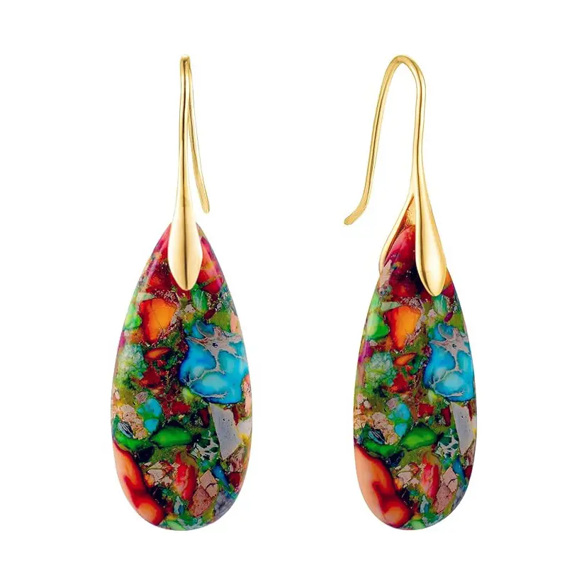 Female Bohimian Teardrop Dangle Earrings - Natural Stone Mosaic Imperial Jasper, Silver Vermeil-Metal Plated Gold Hooks, Lightweight Hypoallergenic Anti-Fade Costume Jewelry for Casual Outfits, Daily Wear, Retro Party Looks
