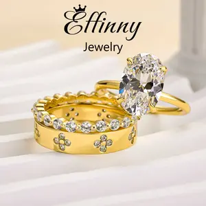 Effinny Jewelry 3.5ct Oval Cut 3PC Golden Wedding Ring Set, S925 Sterling Silver, 5A Cubic Zirconia Promise Ring, Bridal Set Rings for Women Outdoorfun