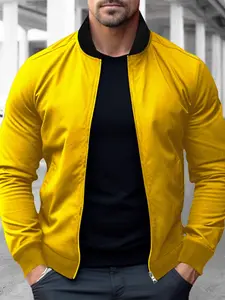 Men's Solid Color Long Sleeve Stand Collar Jacket with Zipper, Stylish Contrast Color Lapel, Practical Spring Autumn Coat, Suitable for Casual Urban Fashion