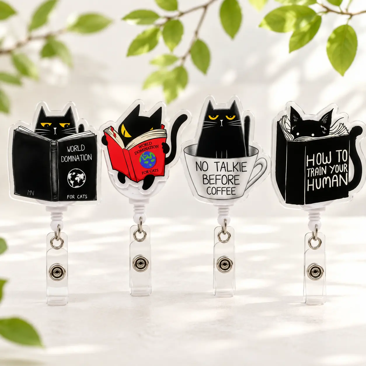 Aesthetic 2D Acrylic Cute Black Cat Badge Reel Holder, Funny Reading Cat Retractable ID Clip, Nurse
