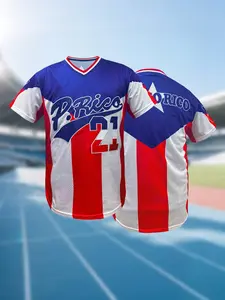 Puerto Rico Embroidered Baseball Shirt, Casual Short Sleeve V Neck Baseball Jersey, Breathable Loose Fit Sportswear, Ideal for Outdoor Sports & Daily Wear, Unisex,Gift for Training,Thanksgiving,Christmas,New Year, Athletic Tops