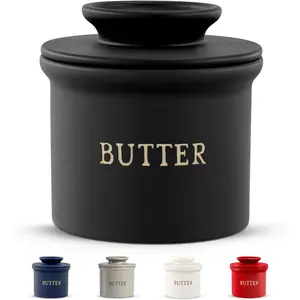 Ceramic Butter Crock with Lid – Keeps Butter Soft & Fresh, French Style Butter Keeper for Countertop Decor (Black)