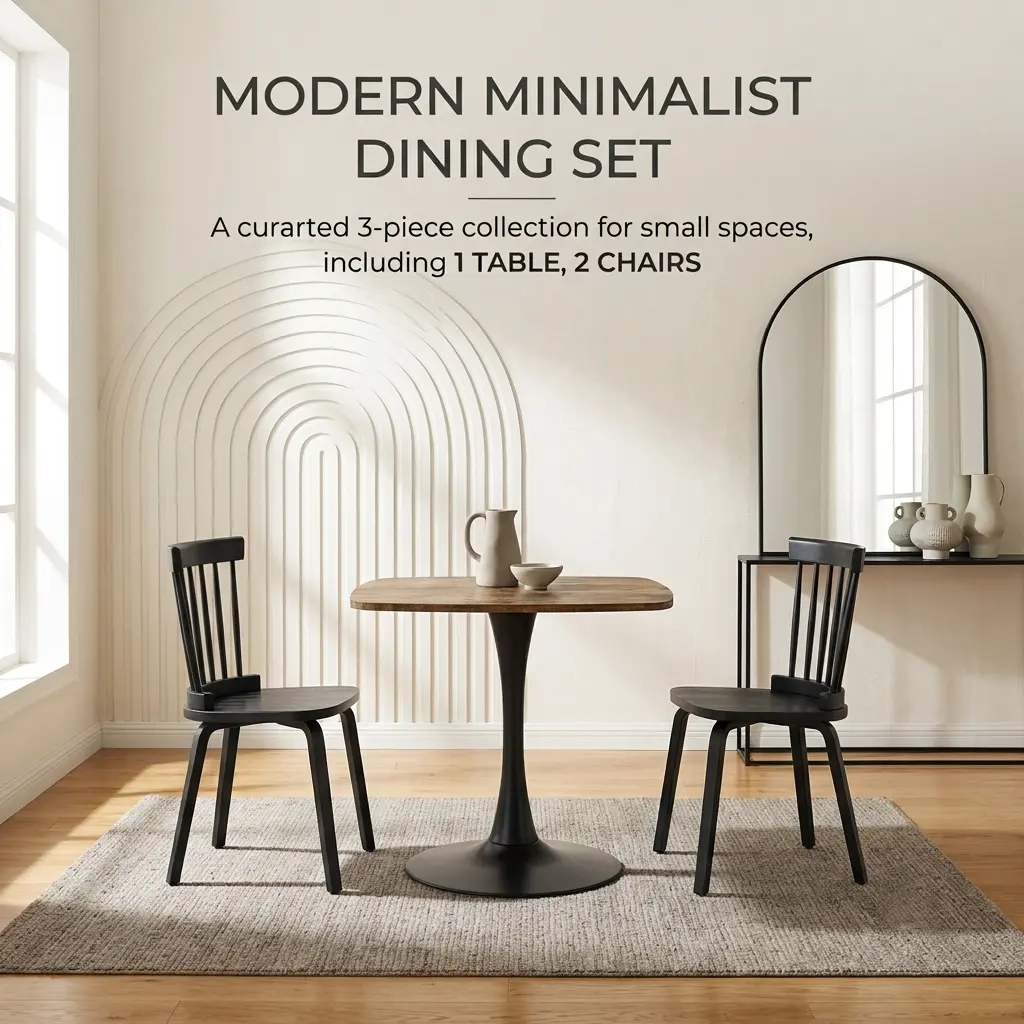 Rustic Brown 3-Piece Square Dining Table Set for 2, 24" Tulip Table with Pedestal Base & 2 Black Windsor Chairs with Spindle Back, Mid-Century Modern Bistro Set for Small Apartments, Kitchen, or Cafe, 2-Box Shipment, Easy Assembly
