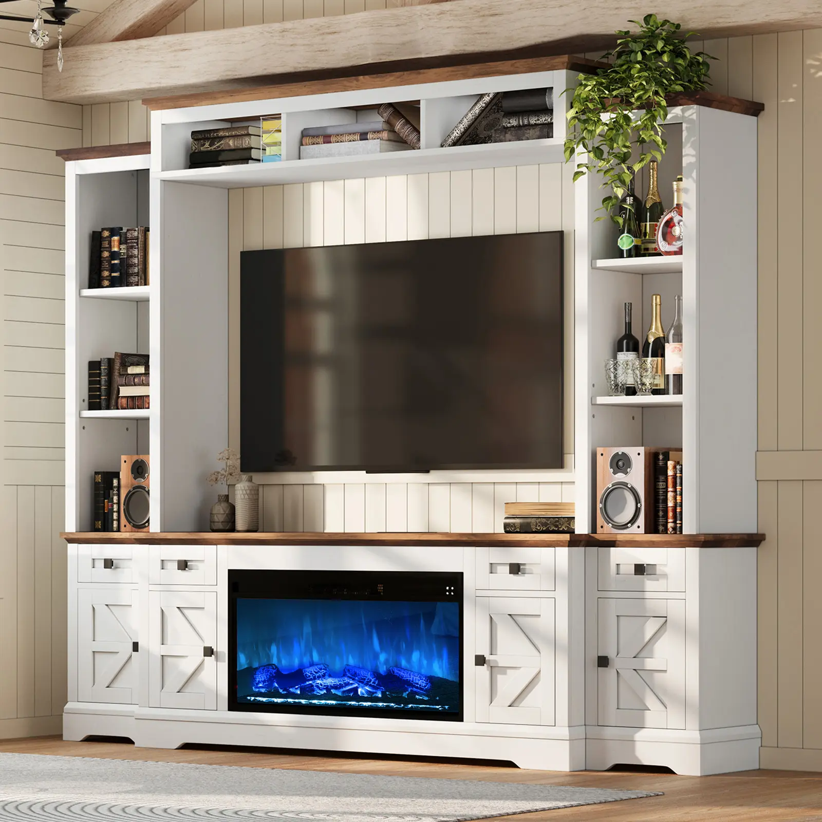 [Ships in 2 Boxes]  VanAcc 98in Farmhouse Wall Unit TV Stand with 36" Fireplace, Bookshelves, Wine Cabinet, Fits 78" TVs, Large Entertainment Center with Power Outlets & Drawers, Media Console, Living Room