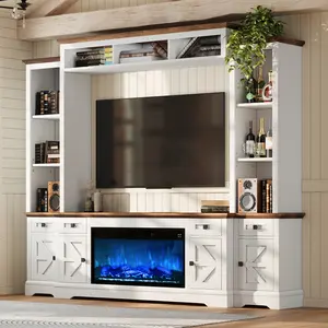 [Ships in 2 Boxes]  VanAcc 98in Farmhouse Wall Unit TV Stand with 36" Fireplace, Bookshelves, Wine Cabinet, Fits 78" TVs, Large Entertainment Center with Power Outlets & Drawers, Media Console, Living Room