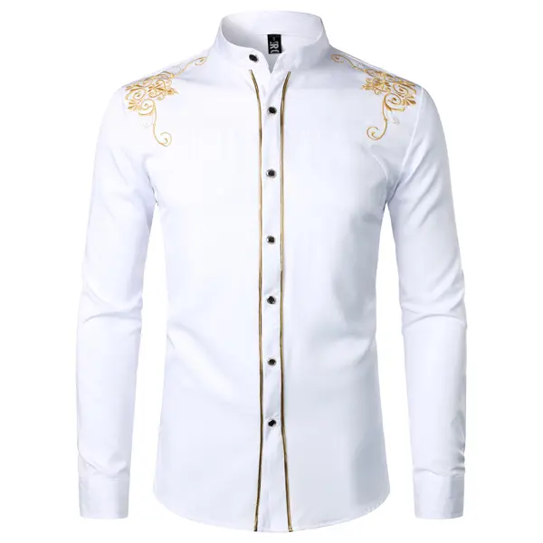 ZEROYAA Men's Slim Fit Dress Shirt, Korean Style Mandarin Collar with Gold Embroidery, Long Sleeve Breathable Fabric