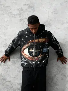Men's Street Life Men's Eye Minimalist Casual Printed Galaxy Graphic Long Sleeve Zip Up Hooded Sweatshirt, Fall Winter
