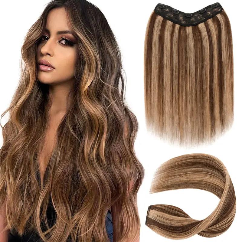 MY-LADY Women's Glueless V-Shaped Clip-In 100% Remy Straight Hair Extensions, 20in 1b# Soft Human Hair Pieces, Natural Straight Salon Extensions, Natural Straight Extensions