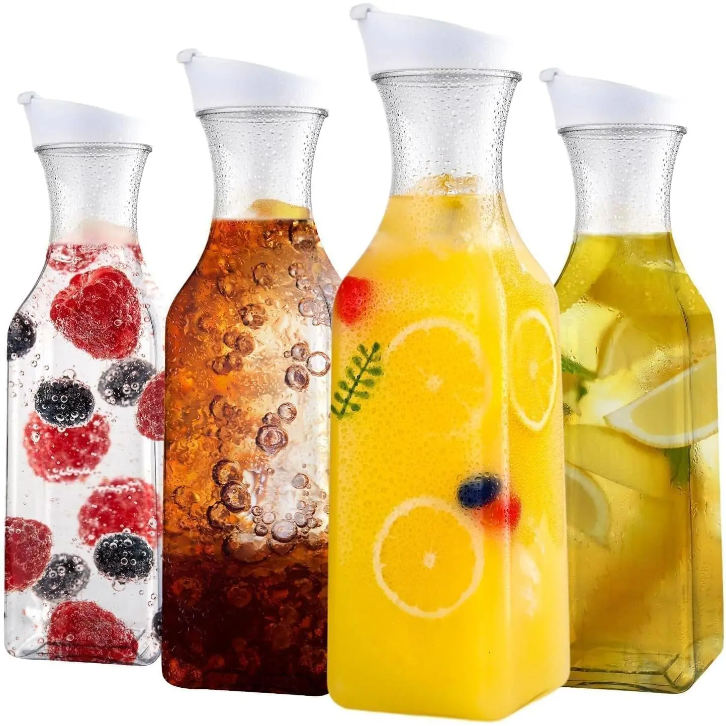Set of 4 Plastic Carafe with Lid, 50 Oz Carafes for Mimosa Bar, Square Base Juice Containers, Water Bottle, Milk Container, Clear Beverage Containers