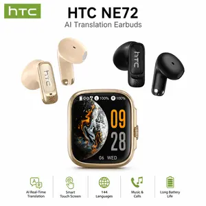 HTC NE72 AI Translator Earbuds, Bluetooth 6.0 Wireless Headphones with Real-Time 140+ Language Translation, Touchscreen Charging Case, for Travel & Business (Gold)