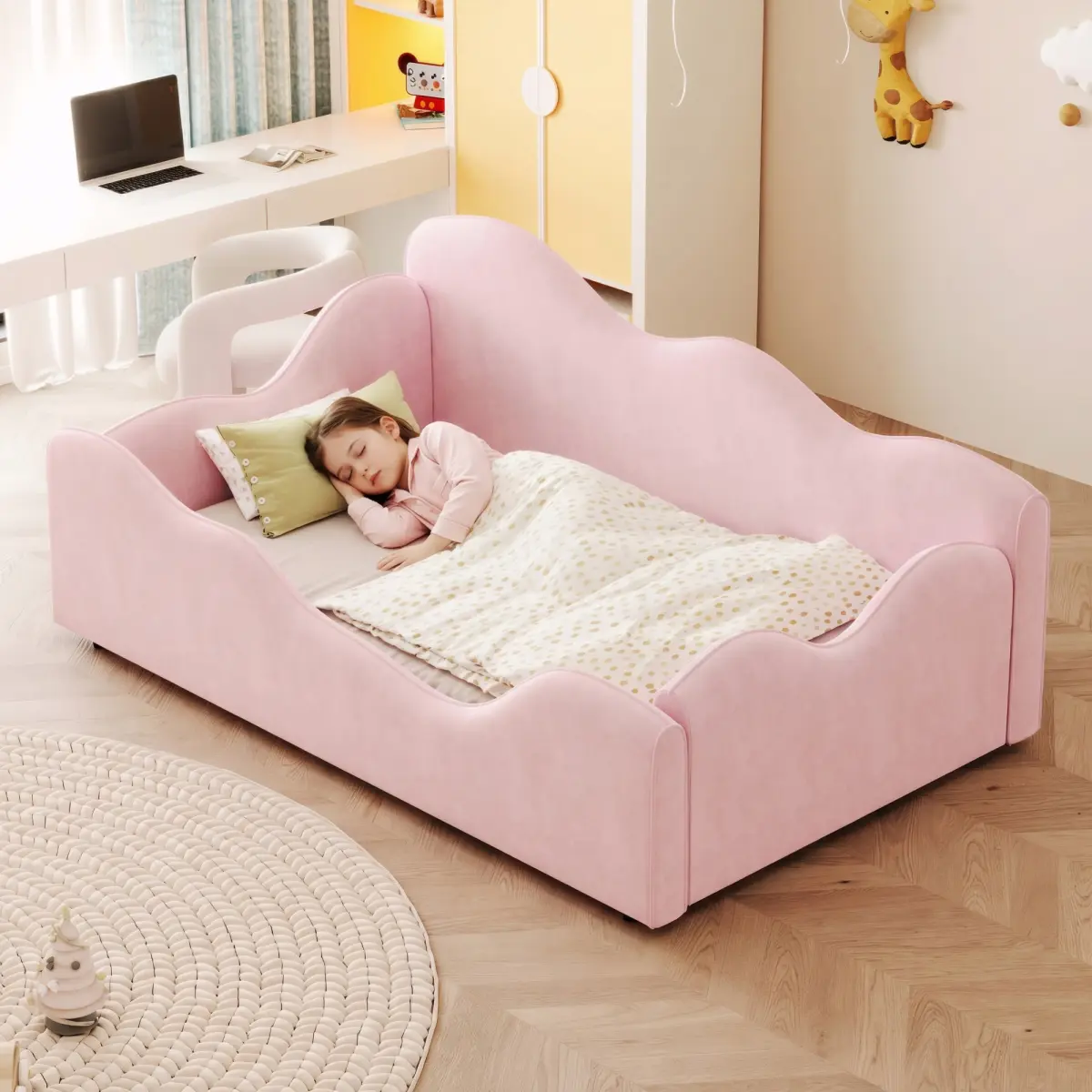 Toddler Floor Bed Upholstered Kids Bed with Safety Guardrails,Compatible with standard US toddler mattresses ,for 1-6 Years Old,Cloud-Shaped Kids Daybed,Pink