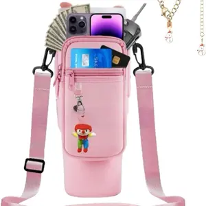 Water Bottle Carrier Bag with Phone Pocketfor Stanley 40/30 oz Water Bottle Holder with Adjustable Shoulder Strap and Charm(Pink)