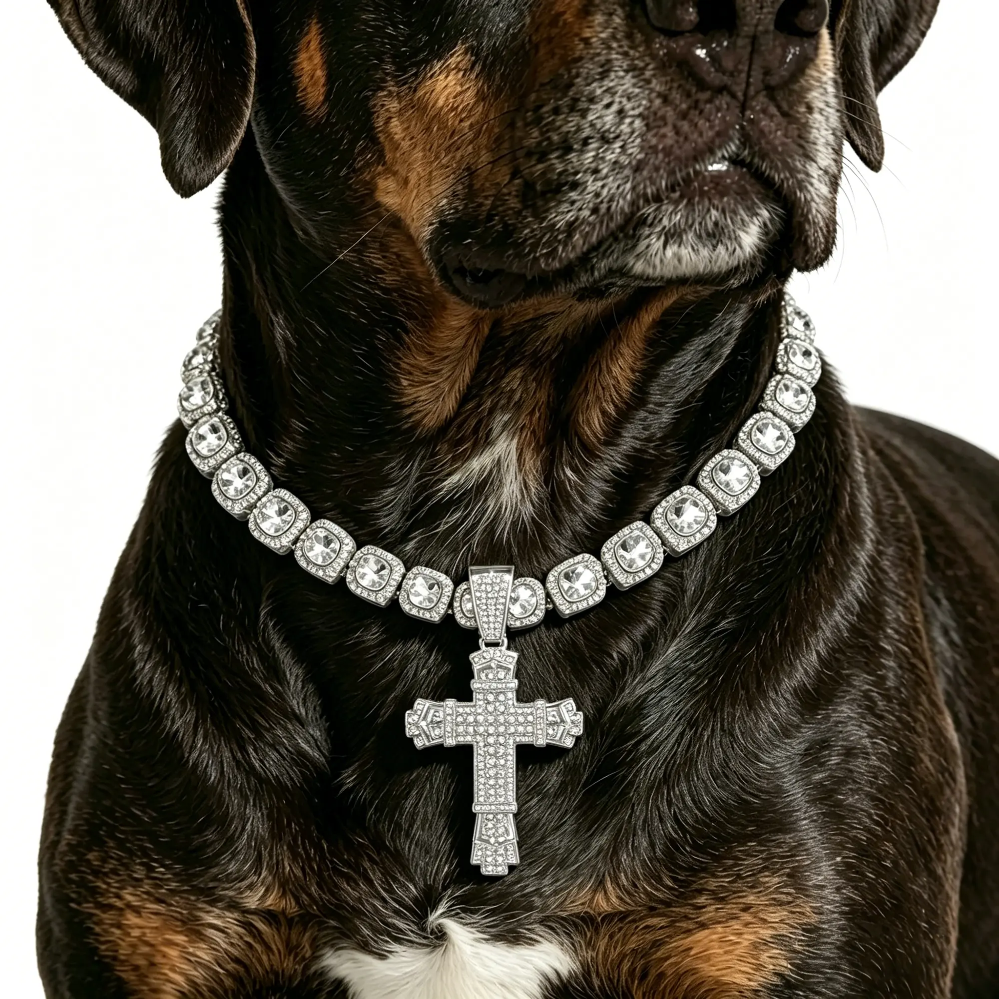 Bling Iced Out Square Tennis Chain Dog Collar - Silver-Gold Plated Full Rhinestones Hip Hop Pet Necklace with Crystal Cross Pendant, Adjustable Choker for Medium-Large Dogs (Photoshoot, Party Costume Gift)