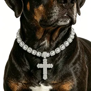 Iced Out Square Tennis Chain Dog Collar Silver Gold Plated Full Rhinestone Hip Hop Pet Necklace with Diamond Encrusted Cross Pendant Adjustable Bling Pet Choker for Medium Large Dogs Photoshoot Party Costume Gift