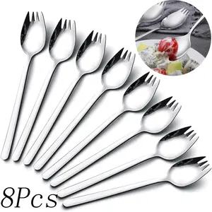 8 Pcs Stainless Steel Salad Spork Utensils,7.48 Inches Sporks set, Long Handle Dessert Spoons,Ice Cream Spoons Forks Flatware,for Fruit,Dessert
