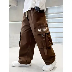 Boys' Cargo Jogger Pants with Elastic Waist & Multiple Pockets - Relaxed Fit Machine-Washable All-Season Casual Trousers for Kids (Medium & Large Sizes), Jogging Pants, Everyday Children's Wear, Solid Color Design, Durable Kids' Clothing, Baggy Joggers, S