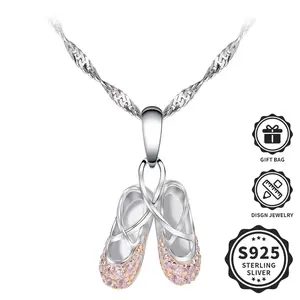 Elegant 925 sterling silver necklace for girls ballerina necklace jewelry synthetic zirconia stone ballet shoes necklace for women teen little girls and dancers, dance performance gift