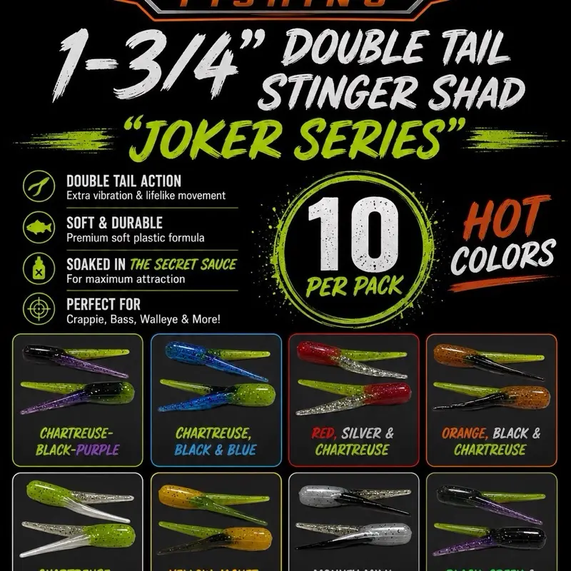 1-3/4” Joker Double Tail Stinger Shad - Compact Fishing Lure for Crappie and Pan Fish 10PK- Tackle Supplies- Fishing Gear Supplies