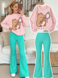 Girls' Casual Set, Cute Clothing Set, Cartoon Dolphin Print, Sporty Sweatshirt & Bell Bottoms, Comfortable Elastic Waist Pants, Fall & Winter