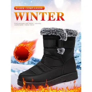Warm Companion Women's Fuzzy Snow Boots - Cozy Winter Shoes with Hook-and-Loop Closure Waterproof Black Furboots Footwear for Girls