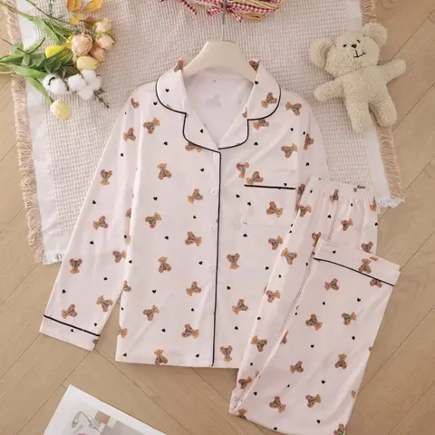 Two-piece Set Women's Cute Heart/ Strawberry Print Sleepwear Pajamas Set, Casual Comfy Cozy Long Sleeve Lapel Collar Top & Pants Matching Pj Set, Valentine's Day Gift, Ladies Sleepwear & Loungewear for Spring & Fall, Printed Sleepwear Set, Pyjamas