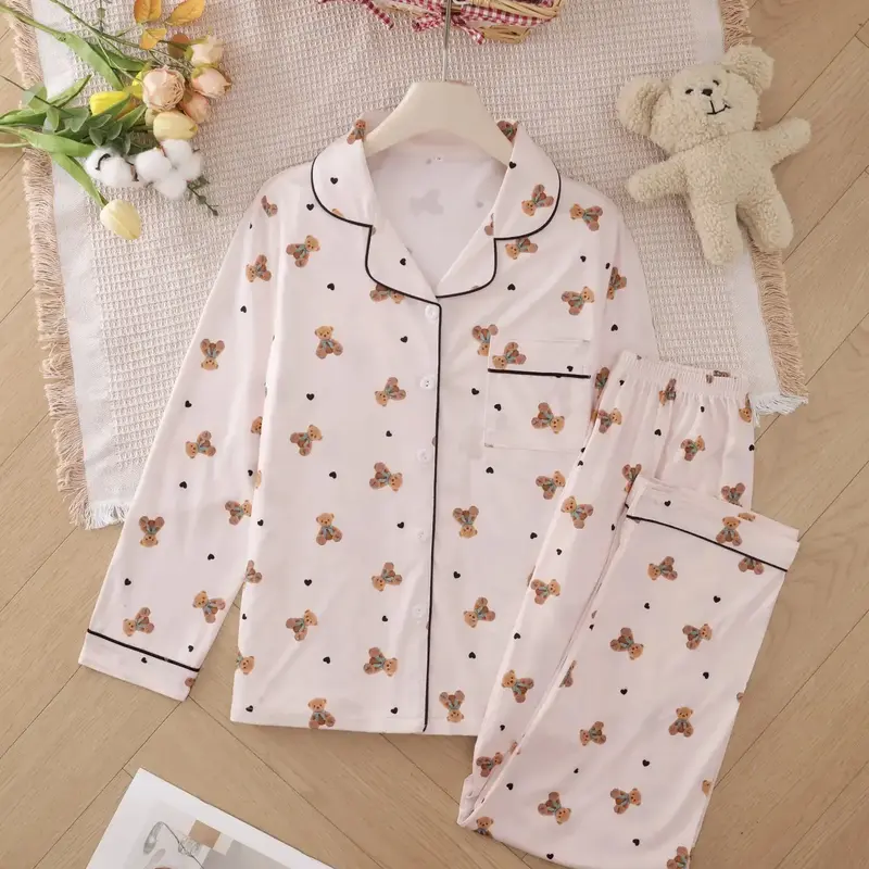 Two-piece Set Women's Cute Heart/ Strawberry Print Sleepwear Pajamas Set, Casual Comfy Cozy Long Sleeve Lapel Collar Top & Pants Matching Pj Set, Valentine's Day Gift, Ladies Sleepwear & Loungewear for Spring & Fall, Printed Sleepwear Set, Pyjamas