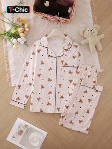two-piece set women's heart/ strawberry print pajama set, casual comfy long sleeve lapel collar top & pants pj set, ladies sleepwear for spring & fall