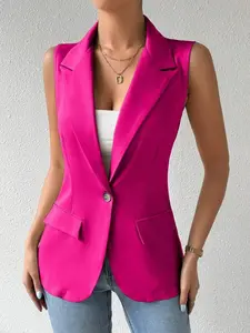 Women's Sleeveless Suit Vest, Collared Single Button Waistcoat, Fitted Office Work Jacket, Multi-Functional Casual Layered Outerwear