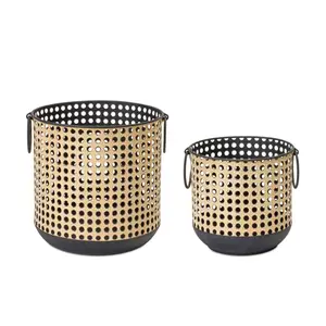 360 Stand Metal Pillar Candle Holder Set of 2 - Black & Brown Coastal Mid-Century Home Decor Pieces, 6.25x6.25 in. & 8x8 in. Containers with Rattan Accents, Iron