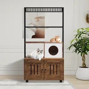 60″ Cat Litter Box Furniture Cabinet with Condo – Brown Cat House with Storage Shelf, Sisal Hammock, Hanging Play Ball & Reversible Entry Door – Hidden Litter Enclosure for Indoor Cats