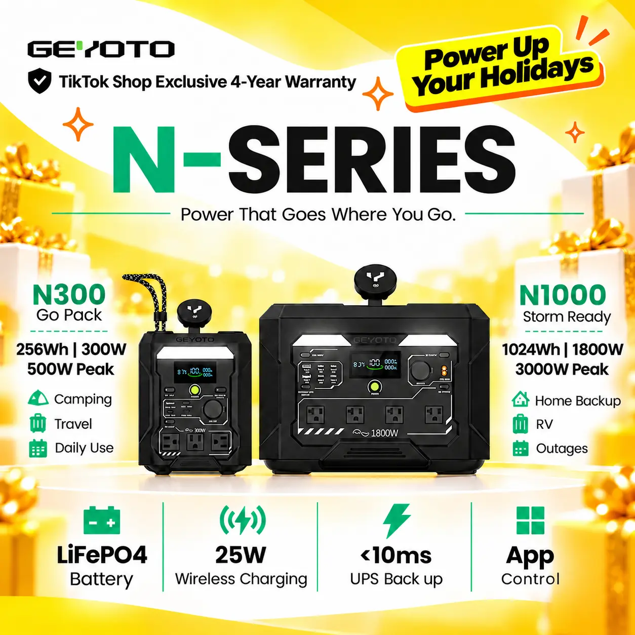 【GEYOTO N Series Portable Power Station】N300 Go Pack&N1000 Storm Ready | 300W–1800W Pure Sine Wave Output | 25W Qi2.2 Wireless Charging | <10ms UPS | Smart App Control | Fast Recharge for Camping, RV, Home Backup & Emergency Power #halloween #toolupgrade