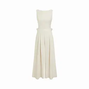 Cider Linen-blend Boat Neck Backless Pleated Oversized Wide Leg Jumpsuit