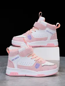 Girls' Spring/autumn Sneakers, Anti-Slip Wear-Resistant Tpr Sole, Colorblock Design, Adjustable Velcro, Casual High Top School Sports Shoes