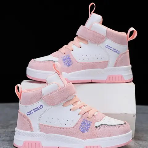 Girls' Colorblock High Top Sneakers, Adjustable Velcro, Anti-Slip Wear-Resistant TPR Sole, Casual School Sports Shoes for Spring & Autumn, Nonslip Trainers