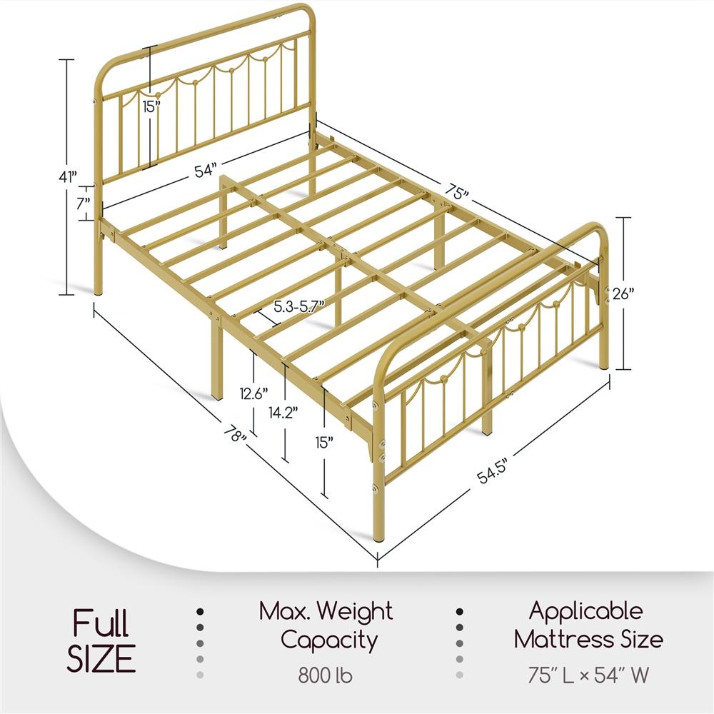 Yaheetech Antique Gold Queen Size Metal Bed Frame with Vintage Headboard Footboard Heavy Duty Steel Slat Support Ample Under Bed Storage No Box Spring Needed - Platform Bedframe