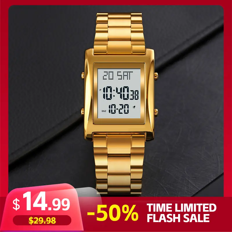 SKMEI Men's Gold Stainless Steel Square Digital Watch - Hardlex Glass Dial, 3ATM Waterproof, LED Backlight, Dual Time Zone, Stopwatch, Countdown Timer, Date Display, Alarm, Adjustable, Chrome, Classy, Battery-Operated Gold-Covered Fashion Watch, Gold-Cove