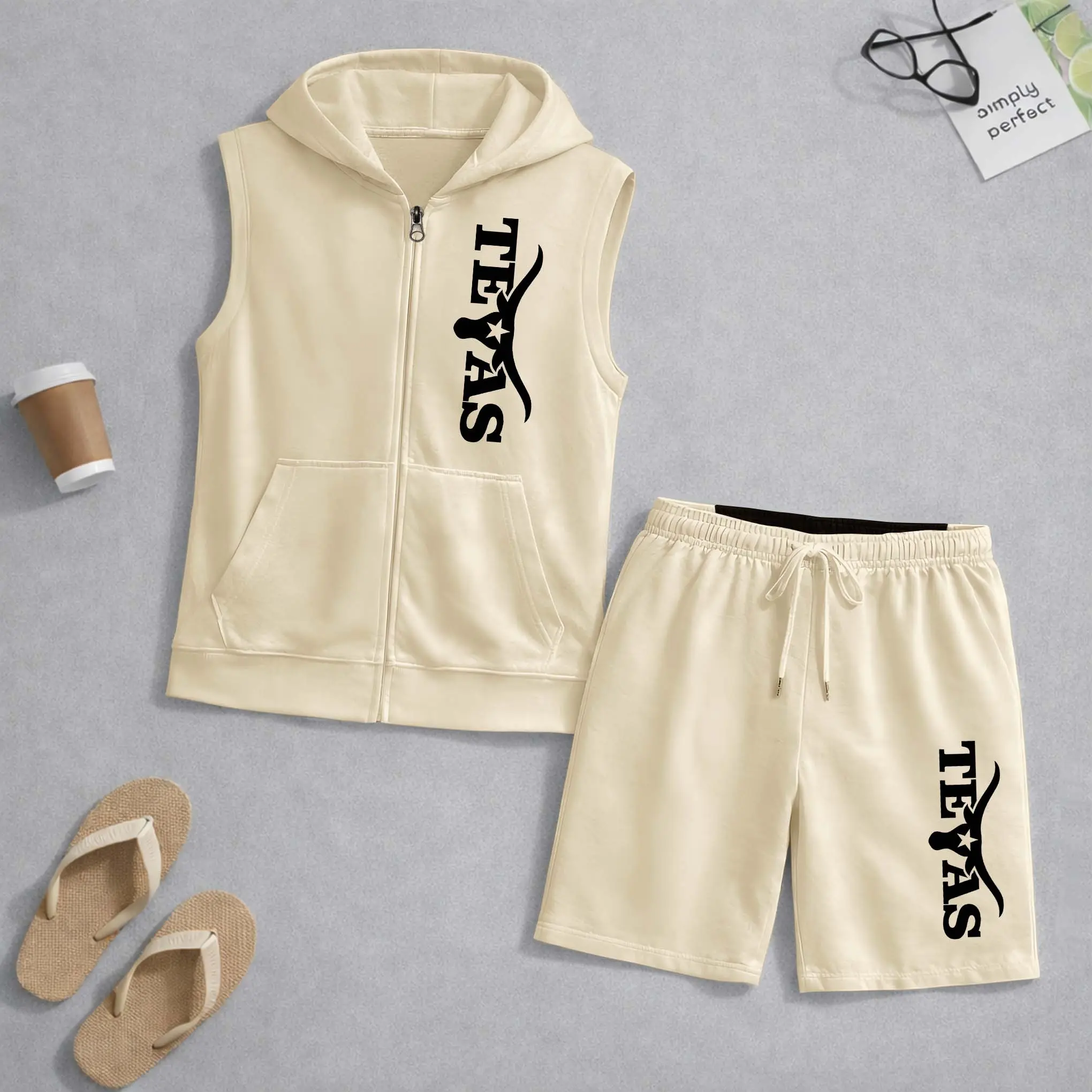 Men's 2-Piece West Tribe Wind Graphic Sleeveless Hoodie Shorts Set, Polyester-Cotton Zip-Up Hooded Vest, Drawstring Shorts, Breathable Lightweight Summer Casual Gym Streetwear Outfit