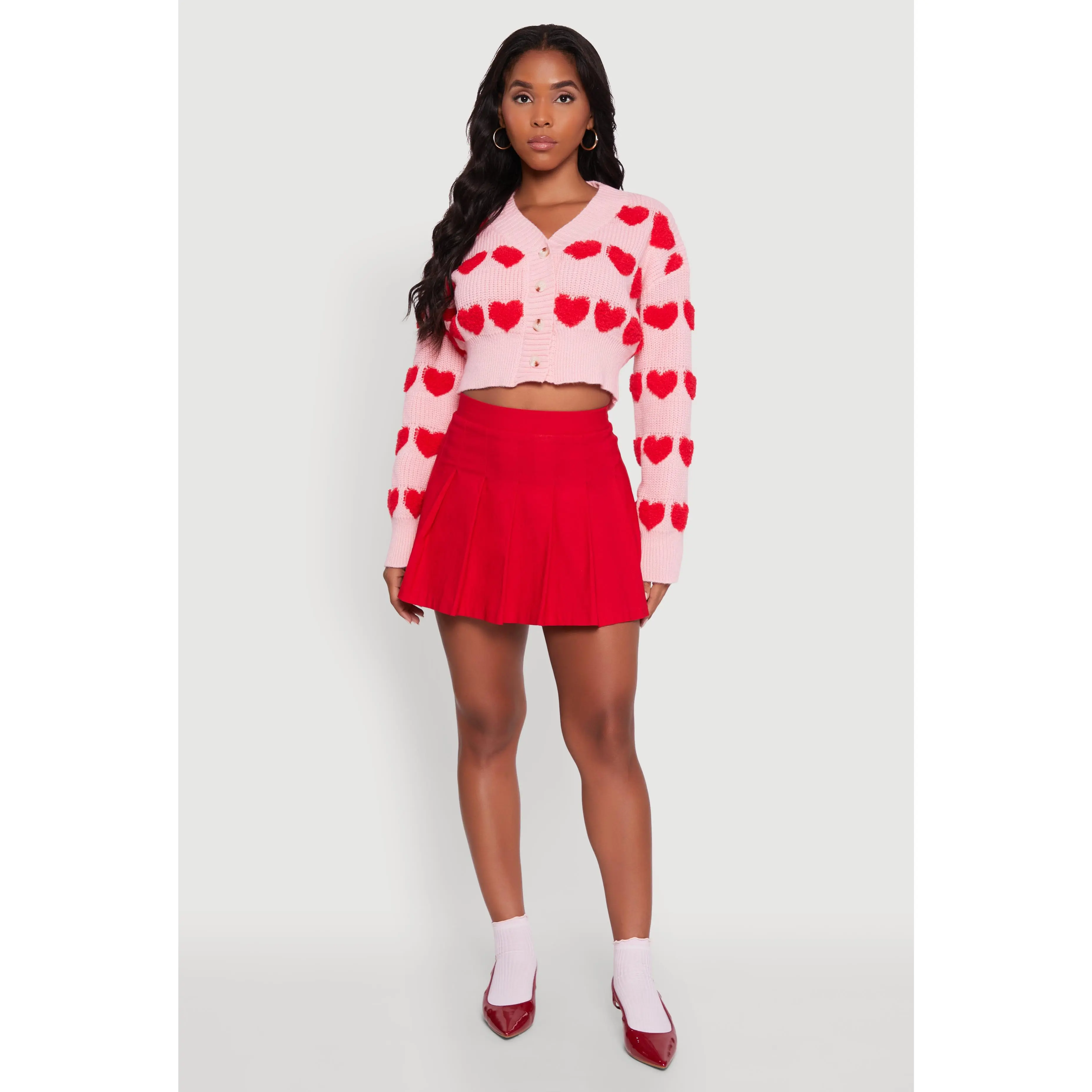 Chenille Heart Patterned Brushed Knit Cropped Cardigan