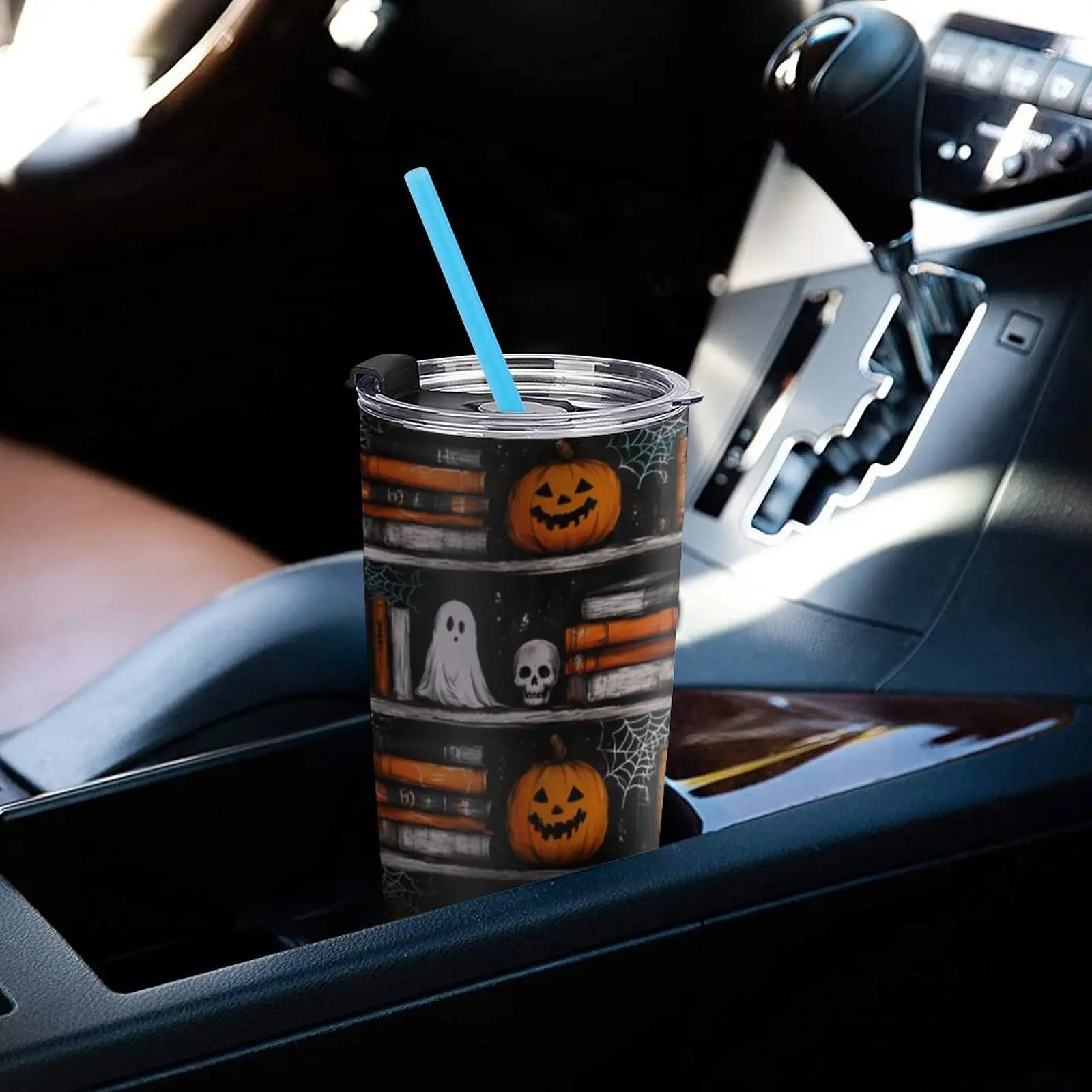 20oz Spooky Ghostly Novelty Book Lovers Stainless Steel Insulated Skinny Tumbler - Leakproof Travel Coffee Mug, Adult Kitchenware Drinkware, Halloween & Birthday Gift for Women, Cute Spooky Reading Theme