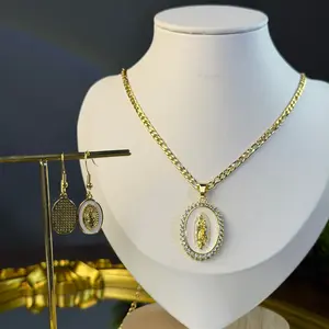 18K Gold Virgin Mary Necklace & Earrings Set for Women Delicate Minimalist Drip Oil Inlaid Enamel with Cubic Zirconia Round Geometric Design Elegant Fashionable Perfect Christmas Gift