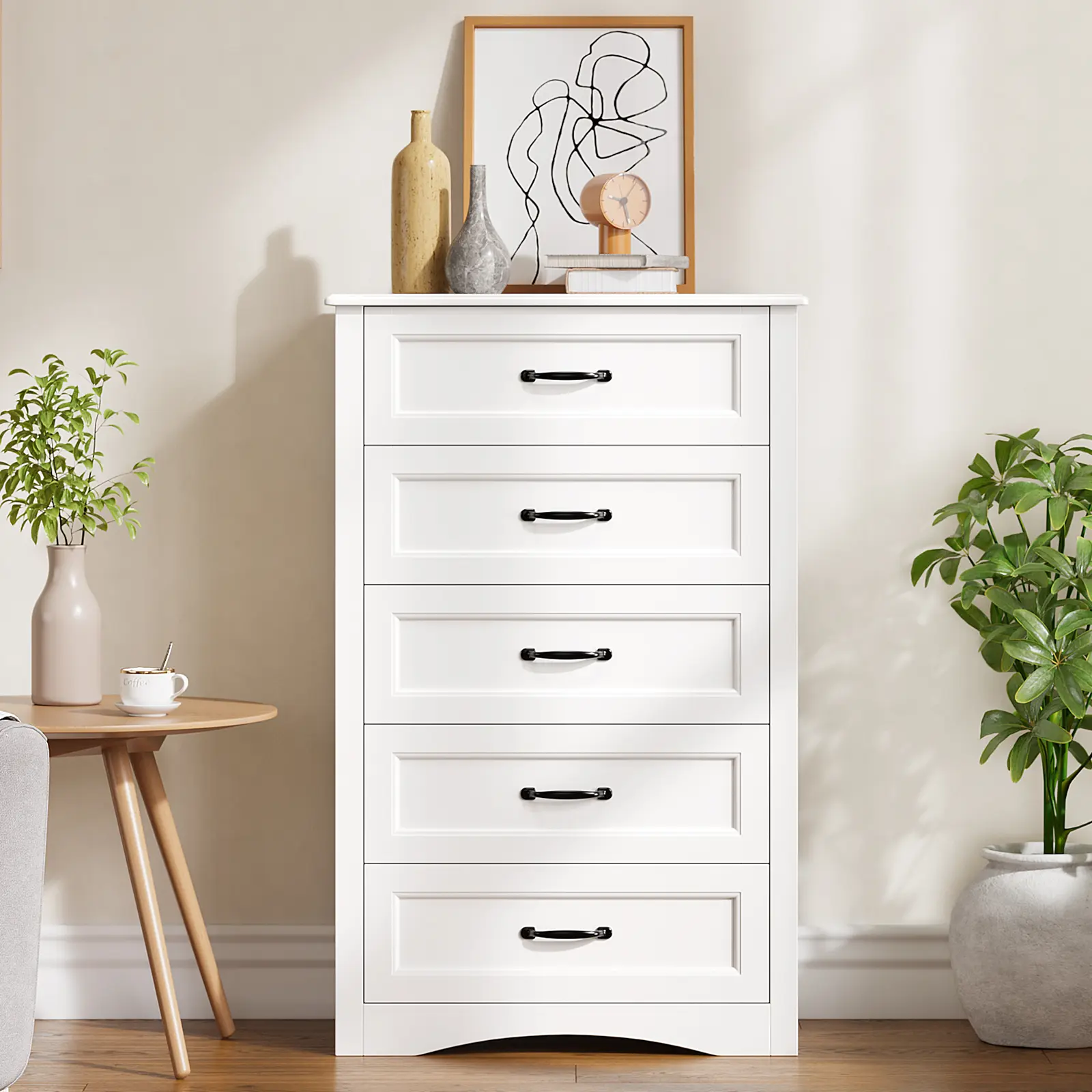 Gizoon 5-Drawer Modern Wood Vertical Dresser, 43.3" White Wooden Single Unit Storage Cabinet with Anti-Tip Device for Bedroom, Living Room Clothes Organization, Modern Wood Dresser