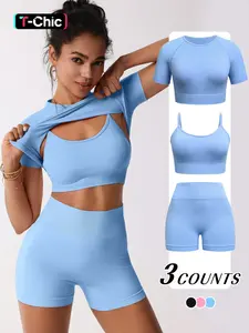 Women's Seamless High Elasticity Sporty Short Sleeve Set, Bra & Shorts Three-Piece, Sports Clothing Set, Anti-Impact Padded, High Waist, Running Yoga Gym Outdoor Fitness, Fitness Summer Bottoms