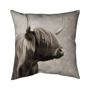 360 Stand 20x20 in. Sepia Highland Cow Polyester Print Home Decorative Cushion - Pastoral Rustic Throw Pillow, Outdoor Patio/Office Cushion (Model 5542-2020-AN316-1), Outdoor Cushions
