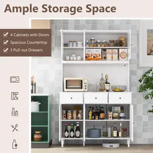 COSTWAY - 77 Inches Kitchen Pantry Storage Cabinet with LED Lights and Power Outlets-White