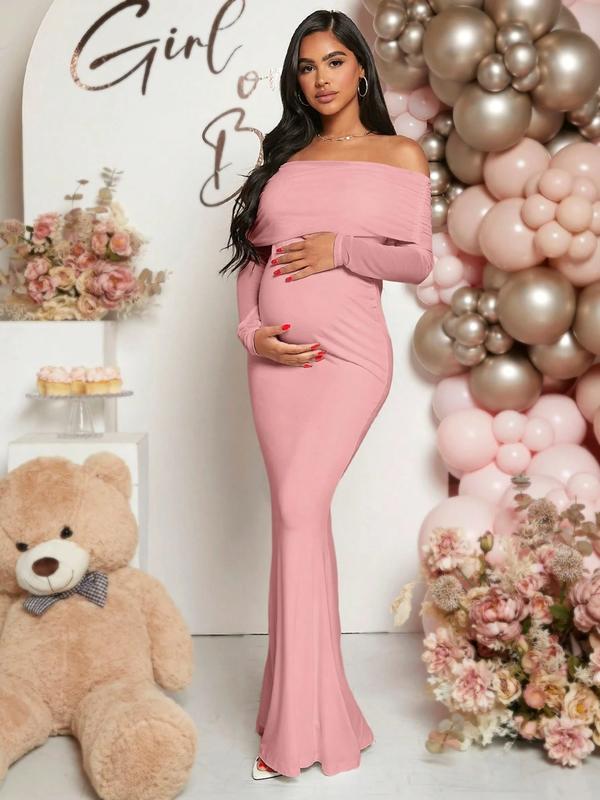 Solid Color off Shoulder Maternity Dress, Stylish Comfortable Design for Expecting Moms, Perfect for Baby Showers or Casual Outings, Maternity Clothing