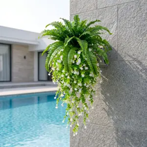 3pcs Set - Large Boston Fern and Camellia Wall Hanging Combo, Outdoor - Wedding Garden Modern Decor | Garden and Yard Decoration, Maintenance-Free - Perfect for Spring, Valentine's Day, Mother's Day, Easter, St. Patrick's Day, Birthdays