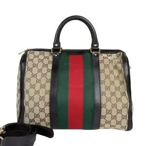Pre-owned GUCCI Fabric Shoulder Bags GG Logo Printed Boston Top Handle Shoulder Bag with Iconic Web Stripes and Classic Design