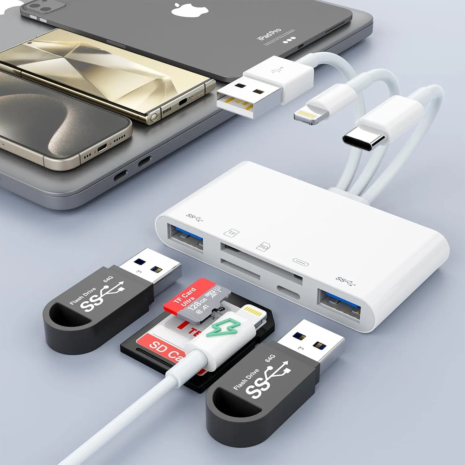 5-in-1 Memory Card Reader with USB A, USB C & Charging Port for iPhone, iPad, Android Devices, MacBook, PC, Tablet, Camera, Hard Disk & Flash Drive, Supports micro sd cards